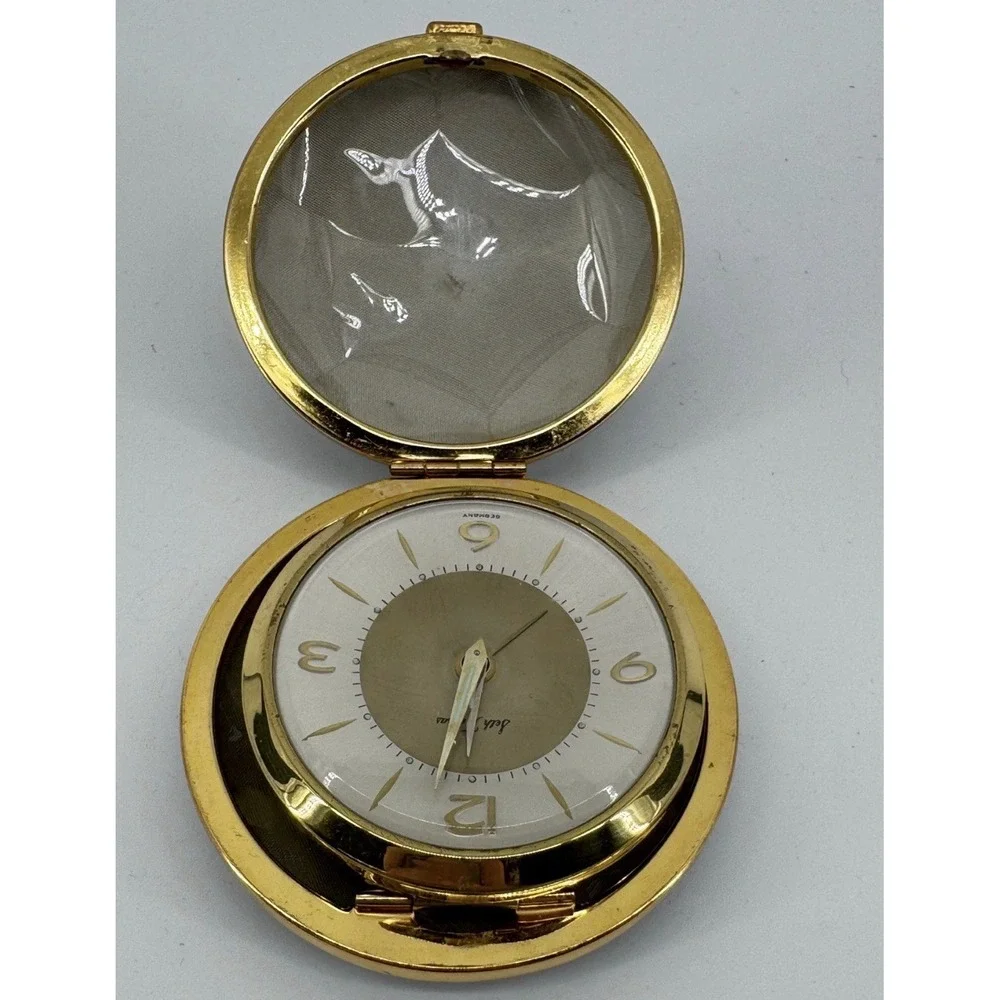 Vintage German Seth Thomas Travel Clock Gold Black Small Works!!